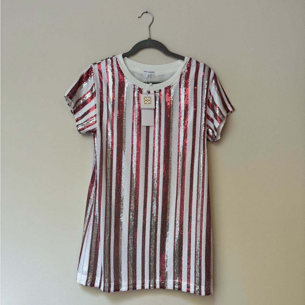 NWT MARY SQUARE Striped Silver, White, & Red Sequin Dress